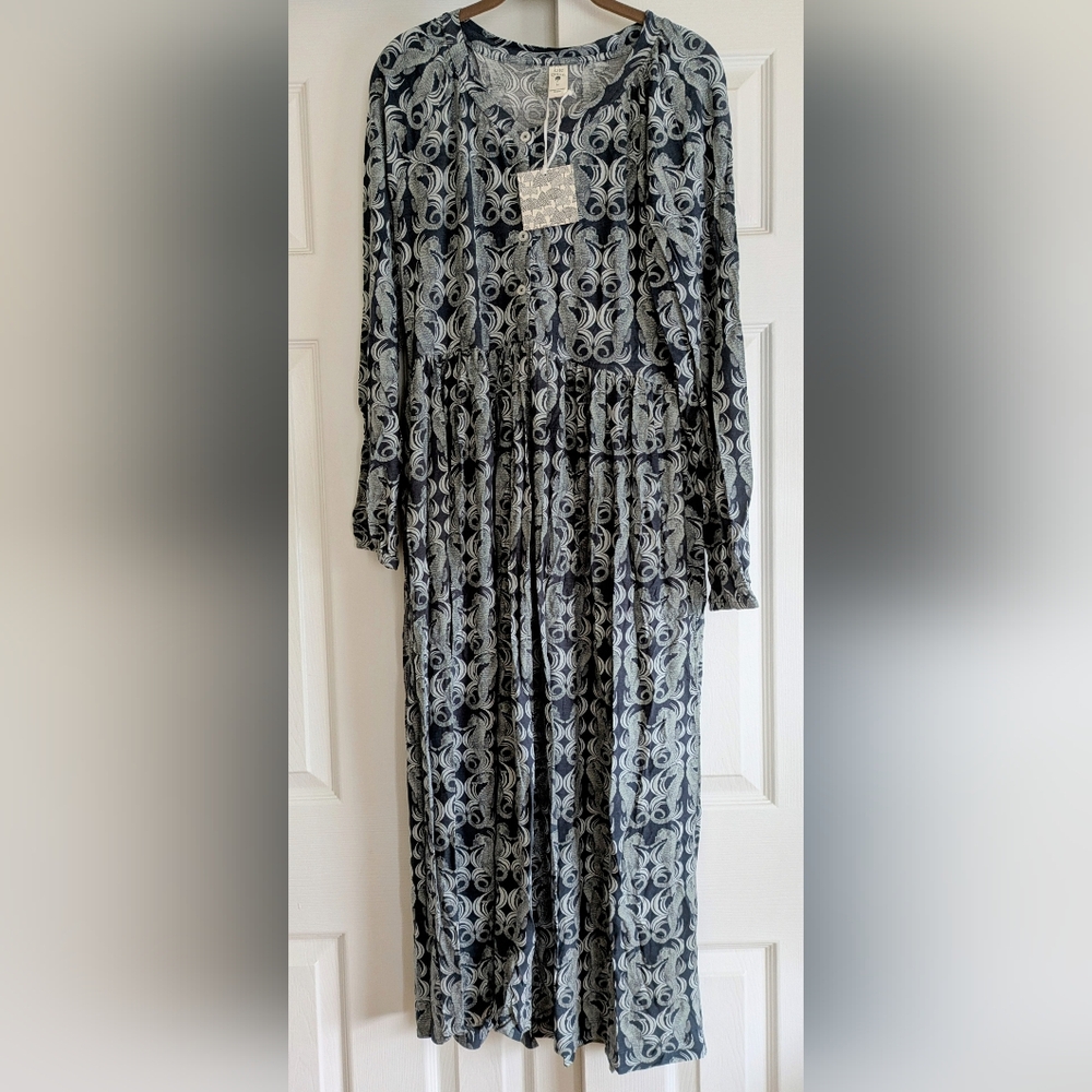 NWT Sz M Kate Quinn Women's Blue Seahorse Seahorses Button-front Dress Bamboo